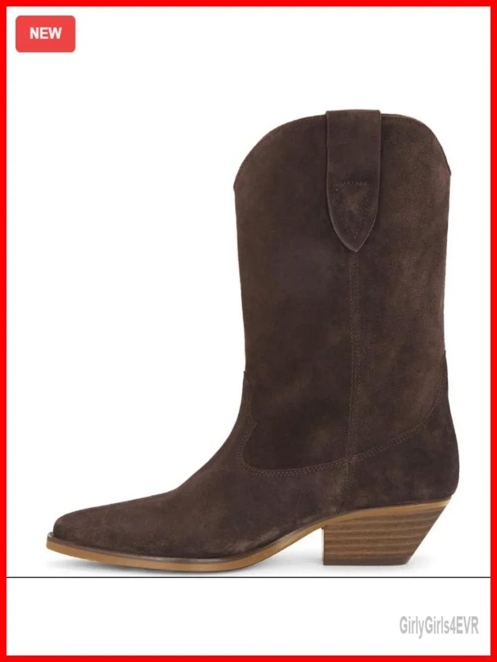 Faux Suede Cowboy Boots for Women Mid Calf Chunky Heel Pointed Toe Pull On